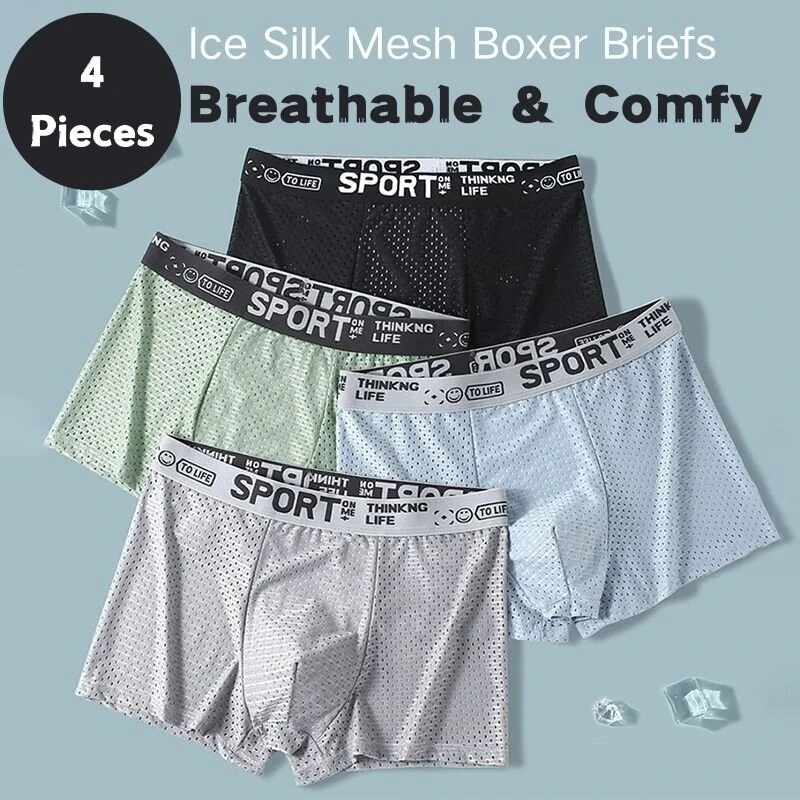 4pcs Men's Ice Silk Cool Boxer Briefs, Mesh Breathable Soft Comfy Stretchy Boxer Trunks, Sports Trunks, Multicolor Men's Underwear (image for) 4pcs Men's Ice Silk Cool Boxer Briefs, Mesh Breathable Soft Comfy Stretchy Boxer Trunks, Sports Trunks, Multicolor Men's Underwear