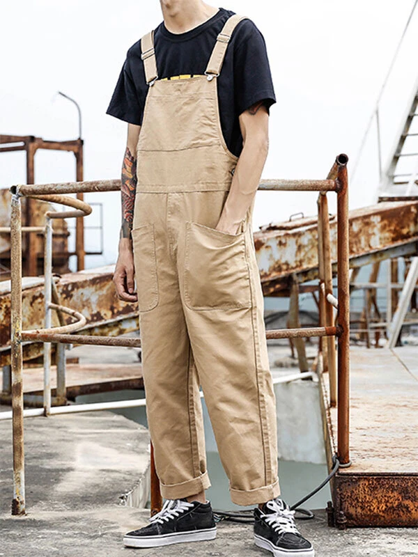 (image for) INCERUN Men Bib Pants Solid Color Jumpsuits Multi Pockets Casual Suspenders Cargo Overalls Fashion Men Jumpsuit S-5XL