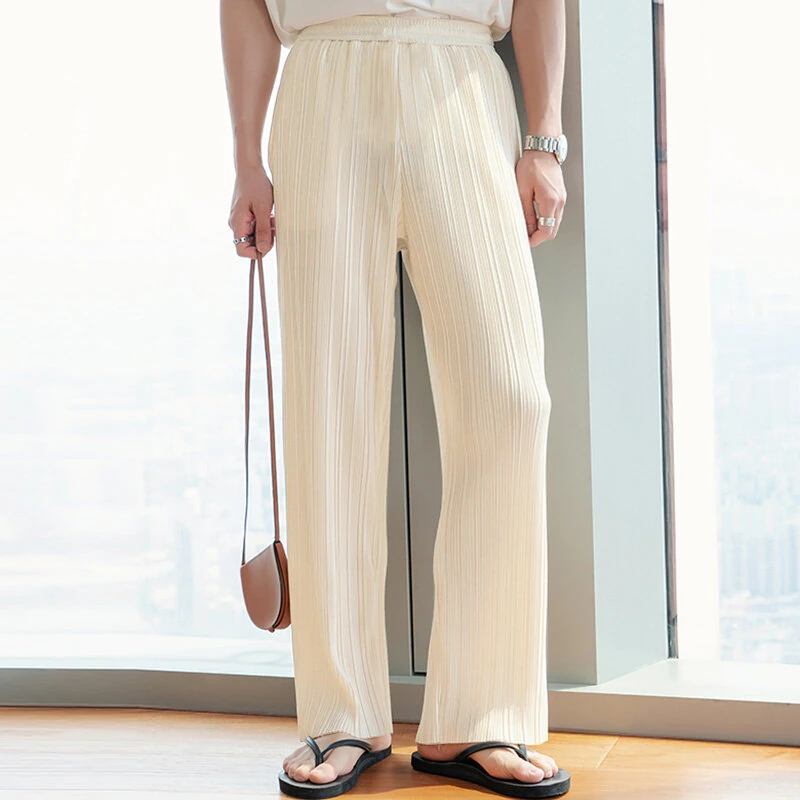 (image for) INCERUN Men Pants Comfy Loose Fit Straight Leg Designer Textured Casual Mopped Trousers Daily Black Pants Casual Gray Pants Fashion White Pants