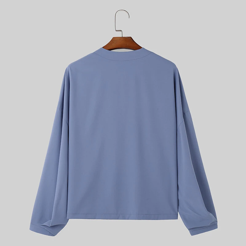 (image for) INCERUN Men Shirts Casual Blue Shirts Daily Long Sleeve White Shirts Solid Color V-neck Orange Shirts Summer Comfy Top with Breast Pocket