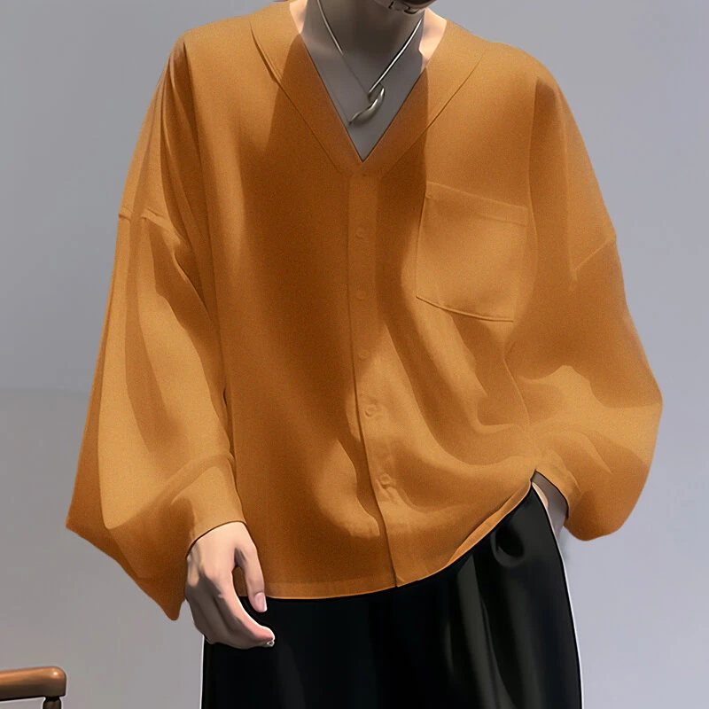 (image for) INCERUN Men Shirts Casual Blue Shirts Daily Long Sleeve White Shirts Solid Color V-neck Orange Shirts Summer Comfy Top with Breast Pocket