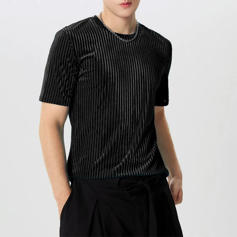 (image for) INCERUN Men T-Shirts Fashion Solid Color Skinny Elastic Top Tee Casual Summer Round Neck Short Sleeve Mens Clothing