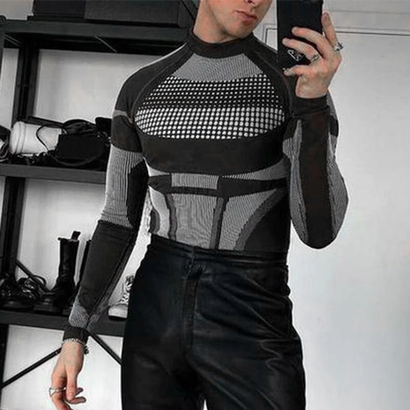 (image for) INCERUN Men Tights Skinny Stretch Functional Long Sleeve T-Shirt Fashion Sportwear Crew Neck Black T-shirt for Men, Spring Fall