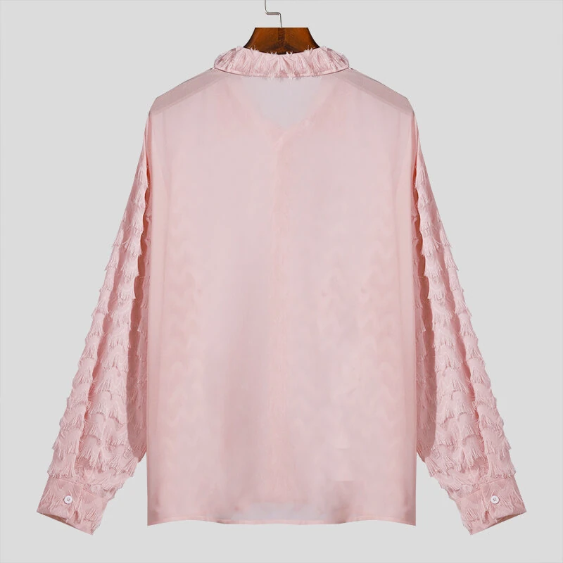 (image for) INCERUN Mens Fringe See Through Long Sleeve Shirt Fashion Pactwork Thin Spliced Tulle Lapel Blouse Loose Fit for Men S-5XL