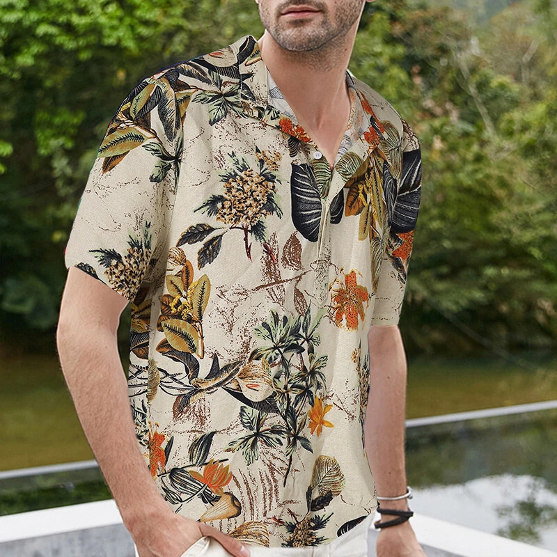 (image for) INCERUN Mens Shirts Hawaiian Short Sleeve Shirts Summer Holiday Beach Men Shirt Tropical Leaves Print Henley Shirts