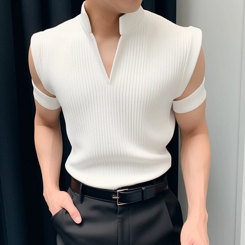 INCERUN Mens Solid Knit Textured Notched Neck T-Shirt Comfortable Stand Collar Short Sleeve Top for Male (image for) INCERUN Mens Solid Knit Textured Notched Neck T-Shirt Comfortable Stand Collar Short Sleeve Top for Male