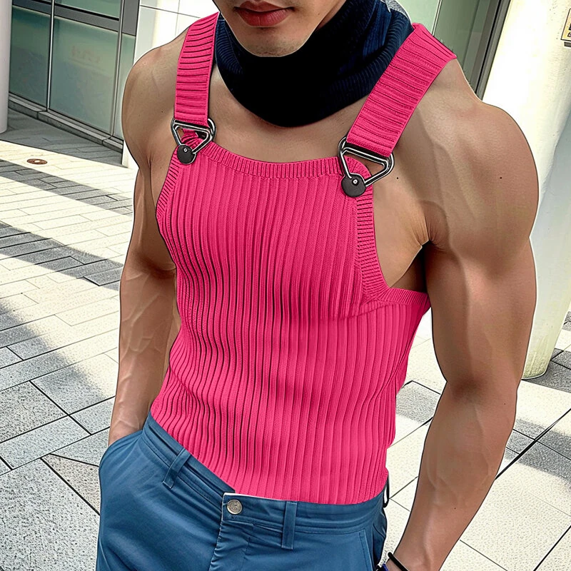 (image for) INCERUN Mens Solid Knit Textured Sleeveless Vest Fashion Solid Color Metal Button Strap Tank Top for Men