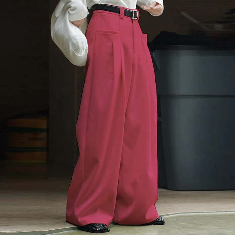 (image for) INCERUN Mens Solid Pleated Design Casual Straight Pants Casual Comfortable Wide Legged Long Pant with Pockets