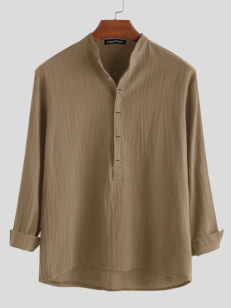 (image for) INCERUN Mens Solid Stand Collar Cotton Long Sleeve Henley Shirt