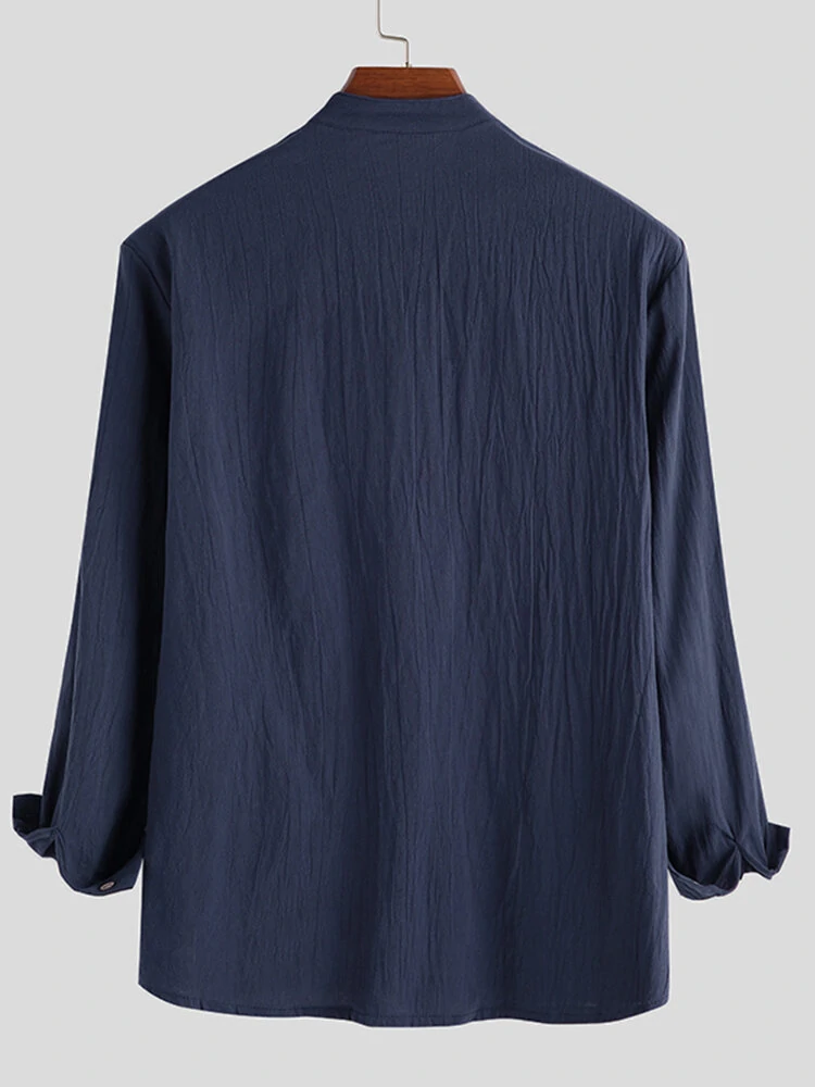 (image for) INCERUN Mens Solid Stand Collar Cotton Long Sleeve Henley Shirt