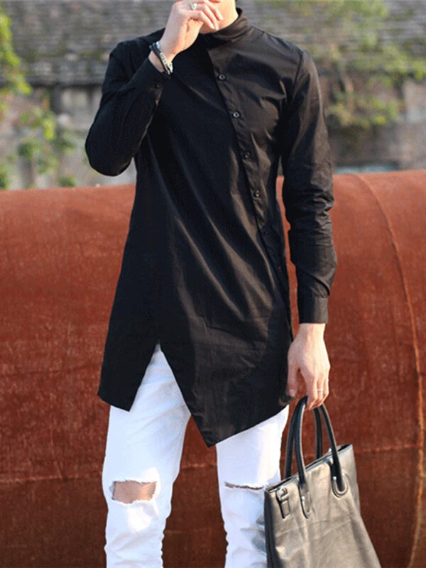 Men Solid Color Asymmetric Hem Long Sleeve Lapel Collar Shirt (image for) Men Solid Color Asymmetric Hem Long Sleeve Lapel Collar Shirt