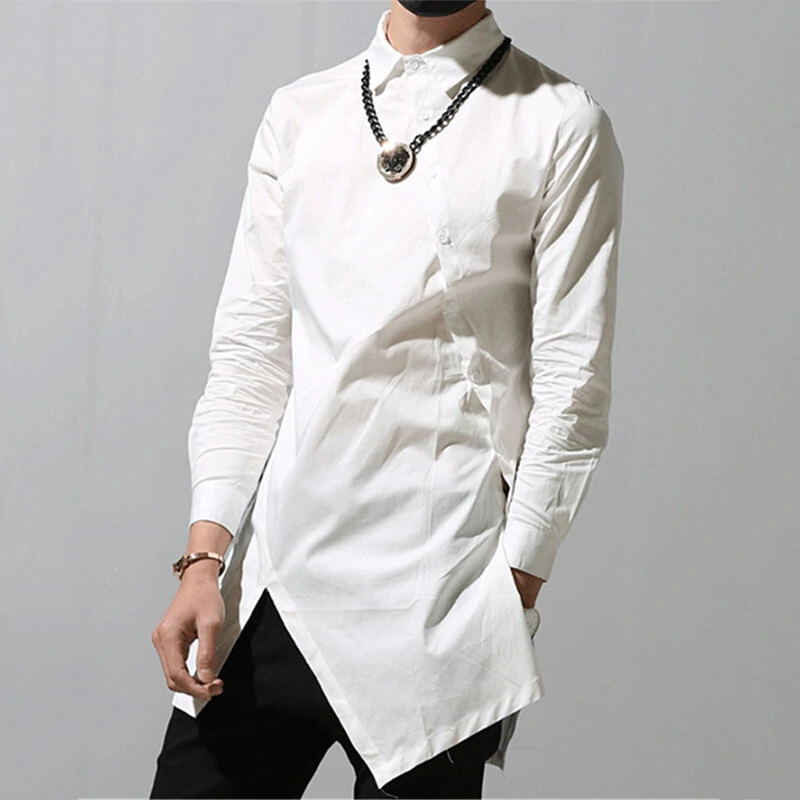 (image for) Men Solid Color Asymmetric Hem Long Sleeve Lapel Collar Shirt