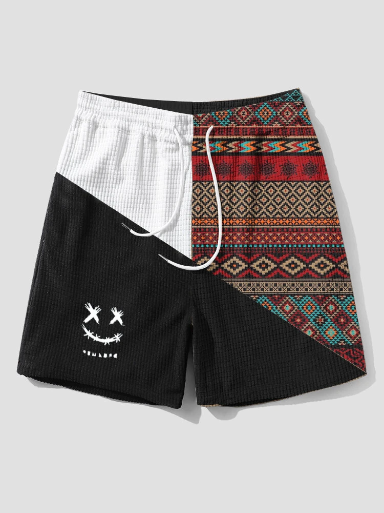 Mens Ethnic Geometric Funny Face Pattern Patchwork Corduroy Shorts (image for) Mens Ethnic Geometric Funny Face Pattern Patchwork Corduroy Shorts